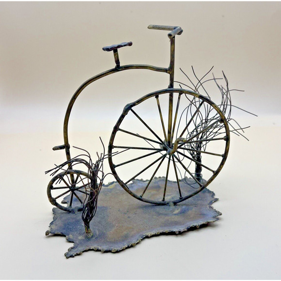Vintage Metal Art Sculpture Copper Rust Tin High Wheel Bicycle Retro MCM Signed - Picture 1 of 6